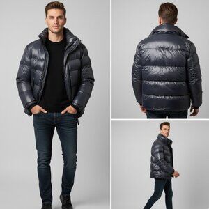 $695 Sam Down Puffer Coat Jet Black Layered Full Zip Insulated Quilted Mens Sz L